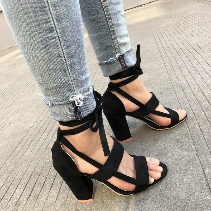 Amozae  Summer Gladiator Sandals Cross Strap High Heels Chunky Heels  Sandals Summer Casual Fashion High Heels Big Size