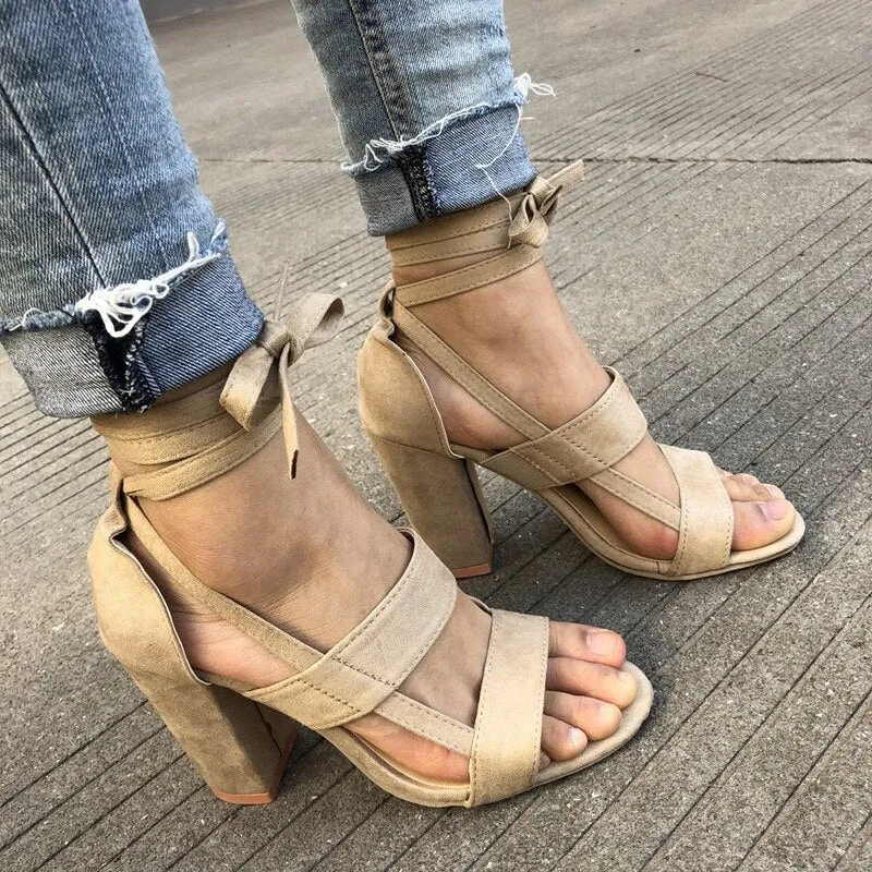 Amozae  Summer Gladiator Sandals Cross Strap High Heels Chunky Heels  Sandals Summer Casual Fashion High Heels Big Size