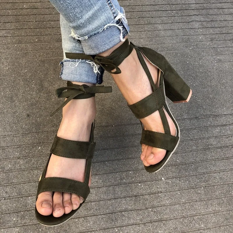 Amozae  Summer Gladiator Sandals Cross Strap High Heels Chunky Heels  Sandals Summer Casual Fashion High Heels Big Size