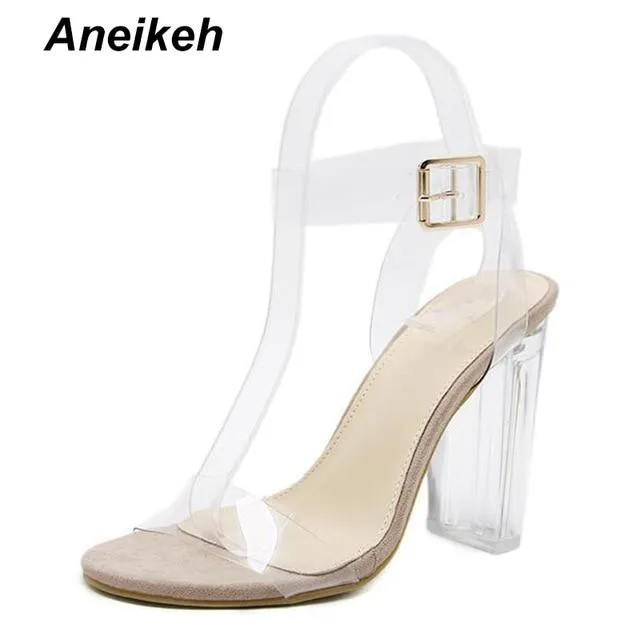 Aneikeh New Women Sandals PVC Jelly Crystal Heel Transparent Women Sexy Clear High Heels Summer Sandals Pumps Shoes Size 41 42