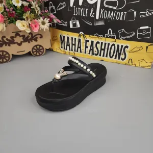 Black Wegde Slides with Buckle & Pearl