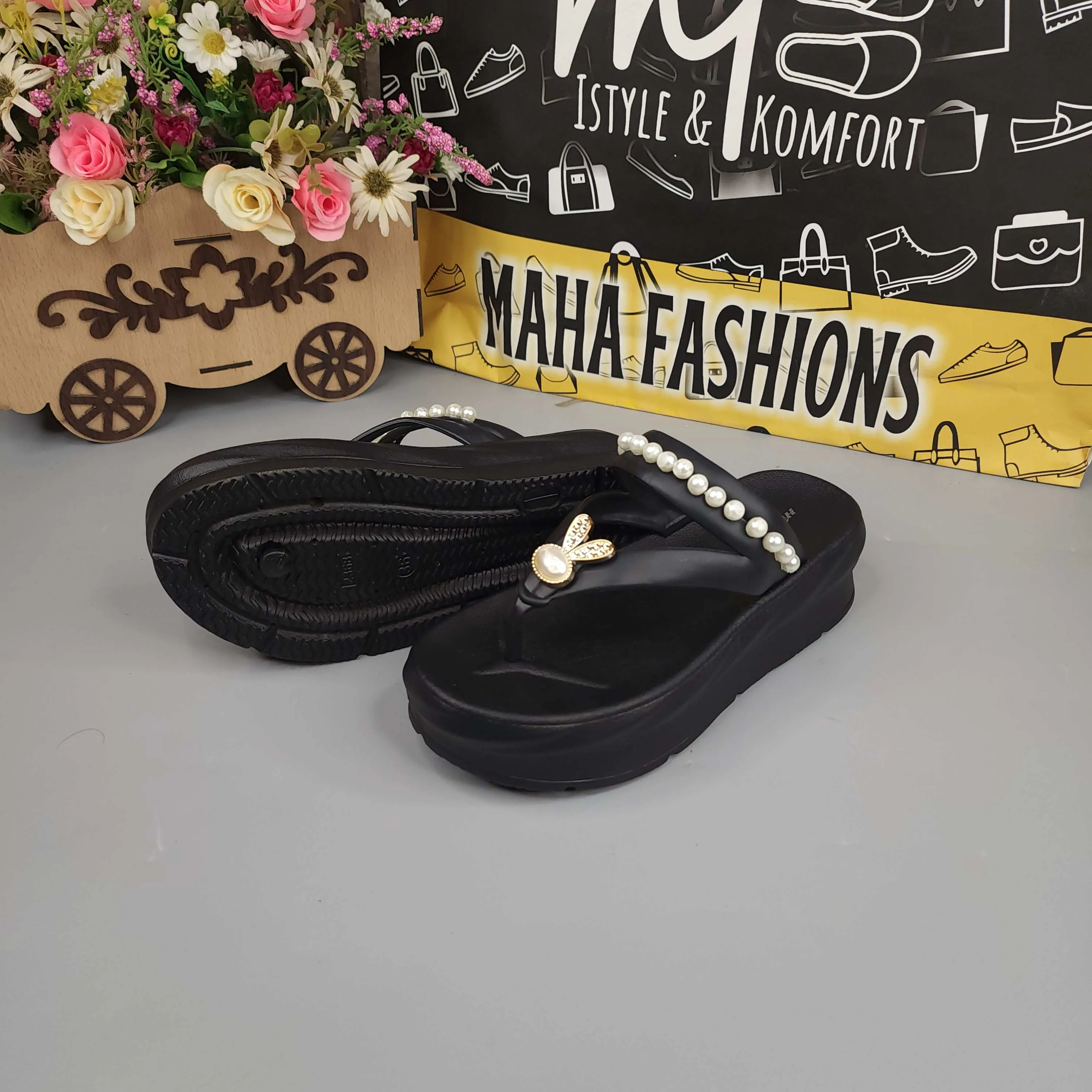 Black Wegde Slides with Buckle & Pearl