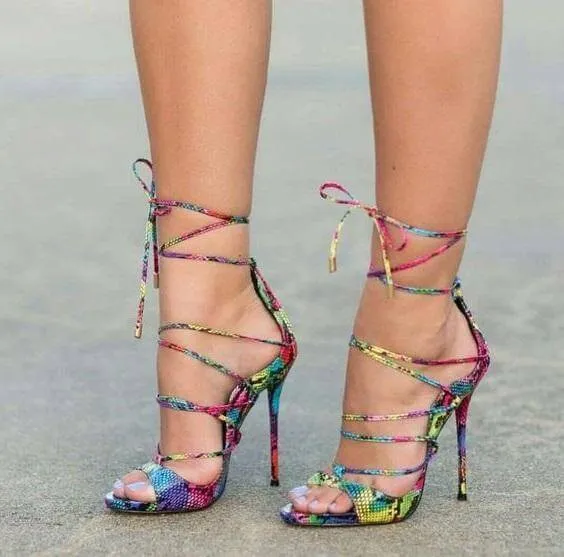 Colorized Snakeskin Cross Strappy Women Shoes