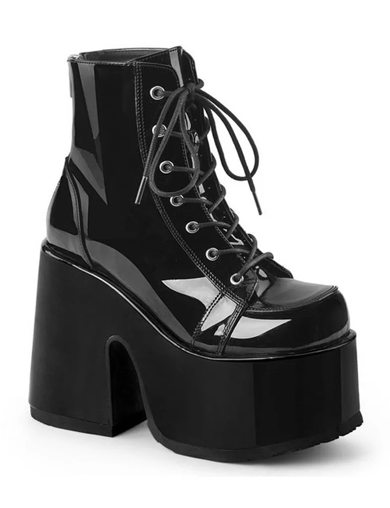 DEMONIA CAMEL 203 PLATFORM BOOTS - PATENT BLACK