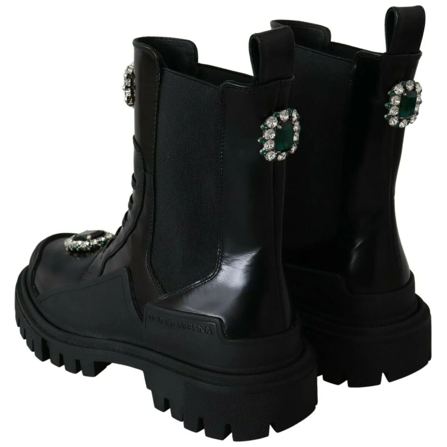 Dolce & Gabbana Elegant Black Leather Combat Boots with Crystal Detail