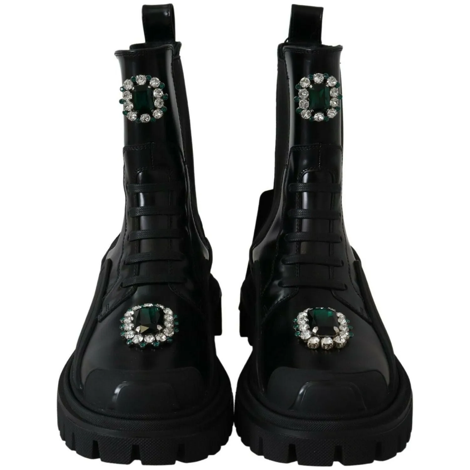 Dolce & Gabbana Elegant Black Leather Combat Boots with Crystal Detail