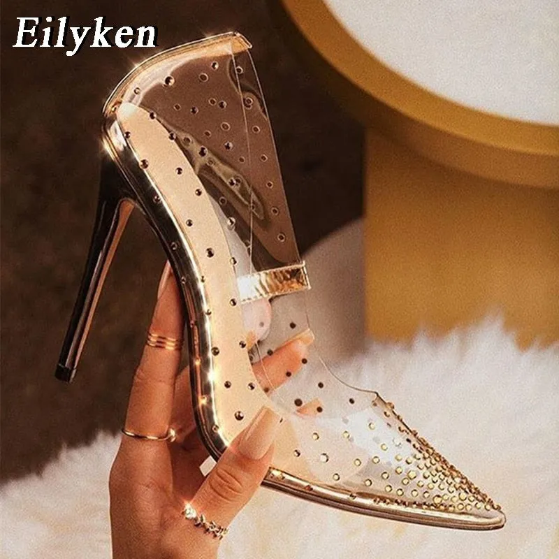 EilyKen Golden Rhinestone PVC transparent Women Pumps Shoes Spring Autumn High Heels PVC Sexy Party  Wedding shoes size 41  42