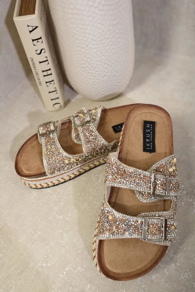 Embellished Stone Double Buckle Platform Sandals