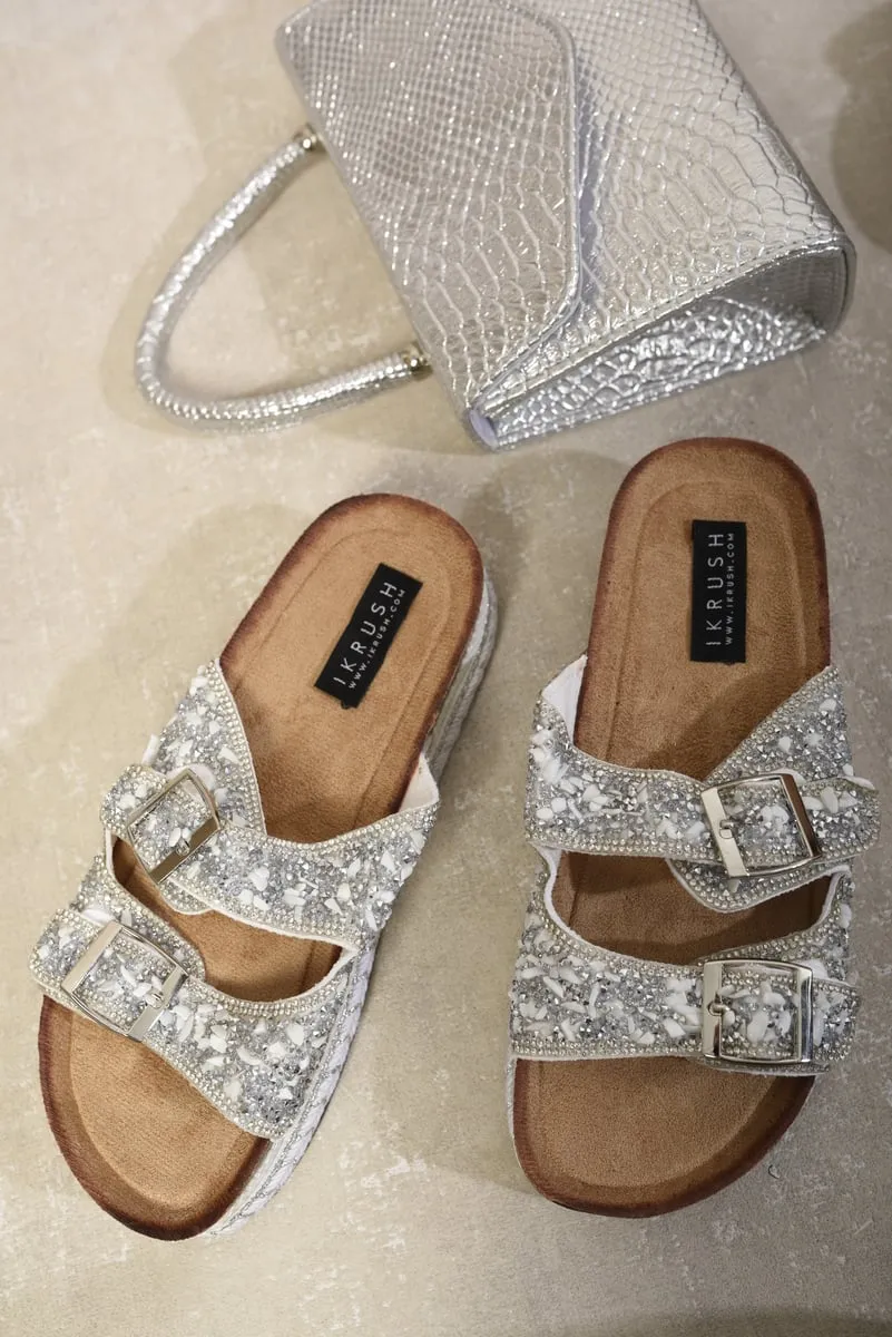 Embellished Stone Double Buckle Platform Sandals