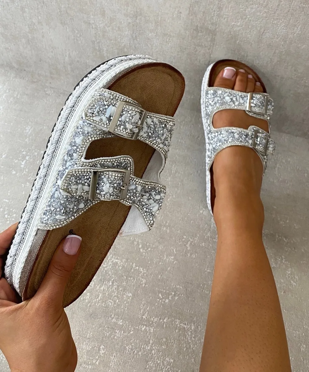 Embellished Stone Double Buckle Platform Sandals