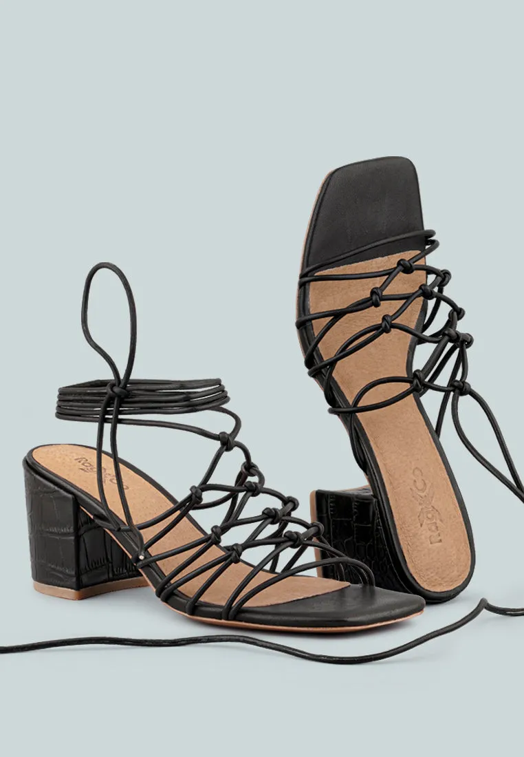 FONDA Croc Patterned Black Handcrafted Lace Up Sandal