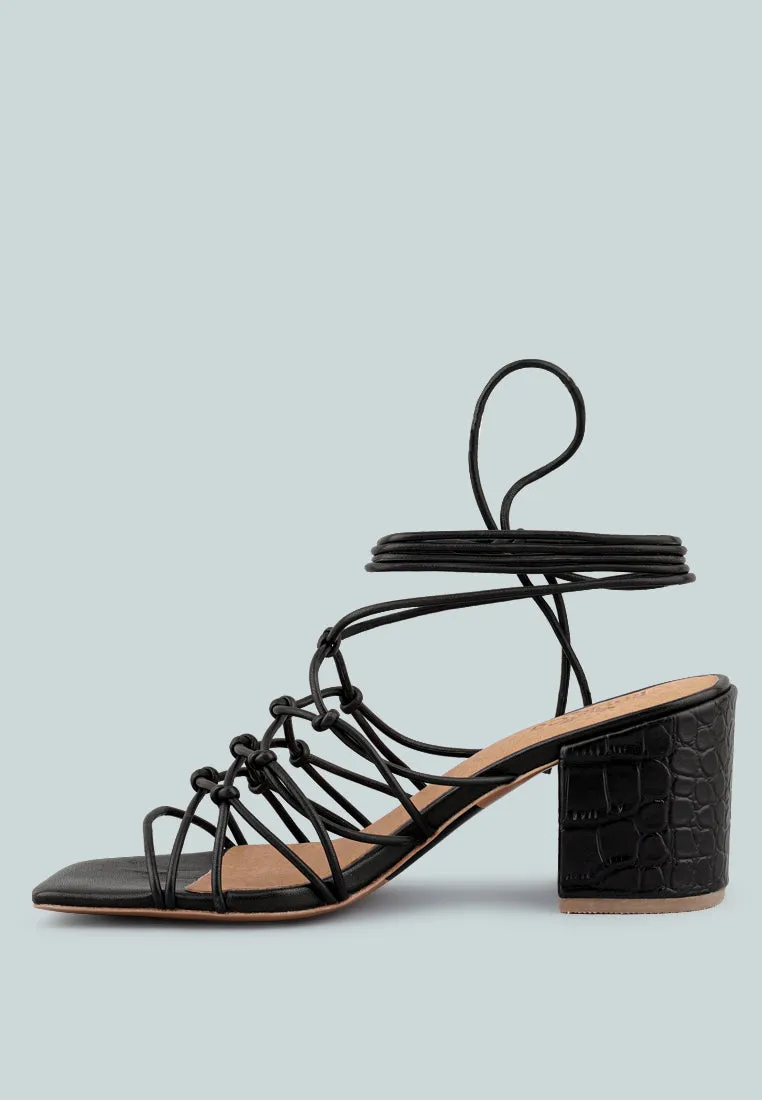 FONDA Croc Patterned Black Handcrafted Lace Up Sandal