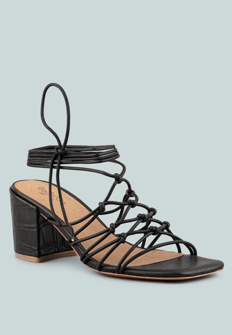 FONDA Croc Patterned Black Handcrafted Lace Up Sandal