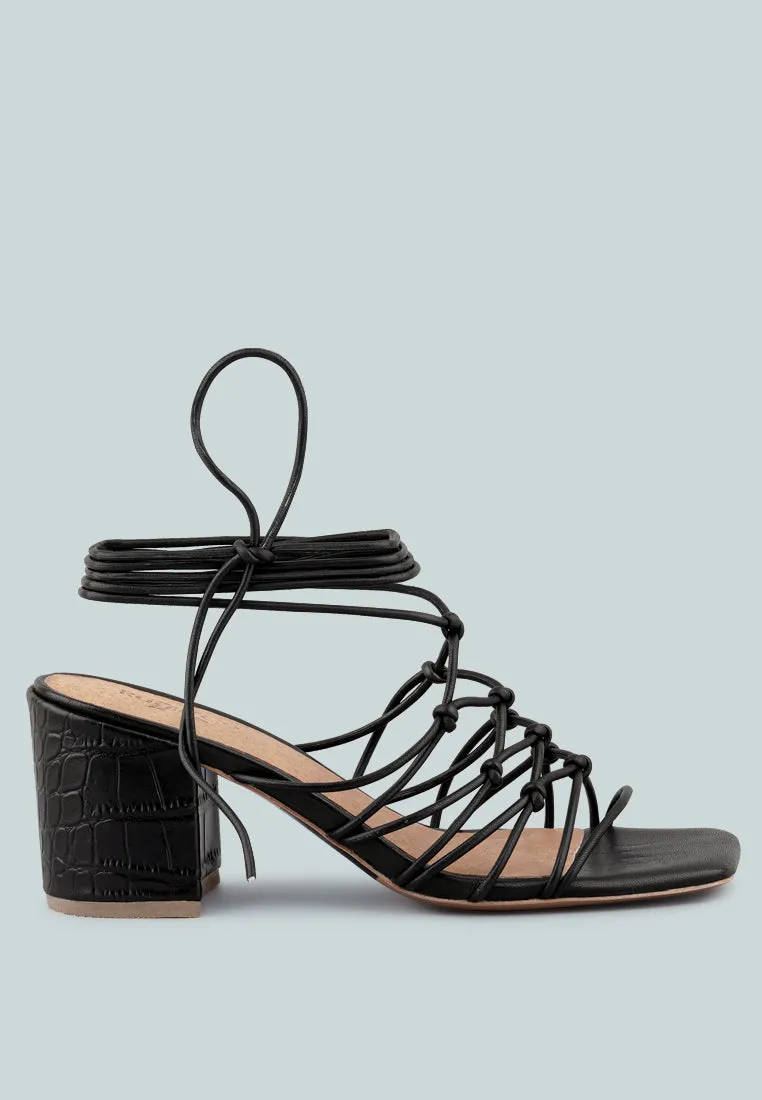 FONDA Croc Patterned Black Handcrafted Lace Up Sandal