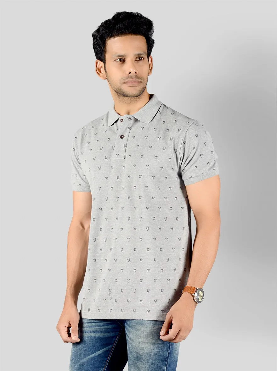 Frost Grey Printed Slim Fit Polo T-shirt | Greenfibre