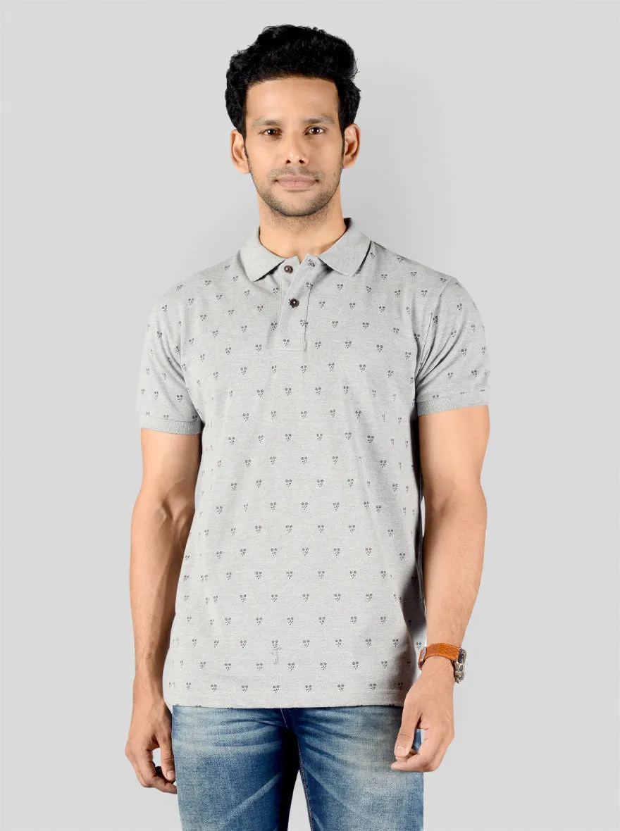 Frost Grey Printed Slim Fit Polo T-shirt | Greenfibre