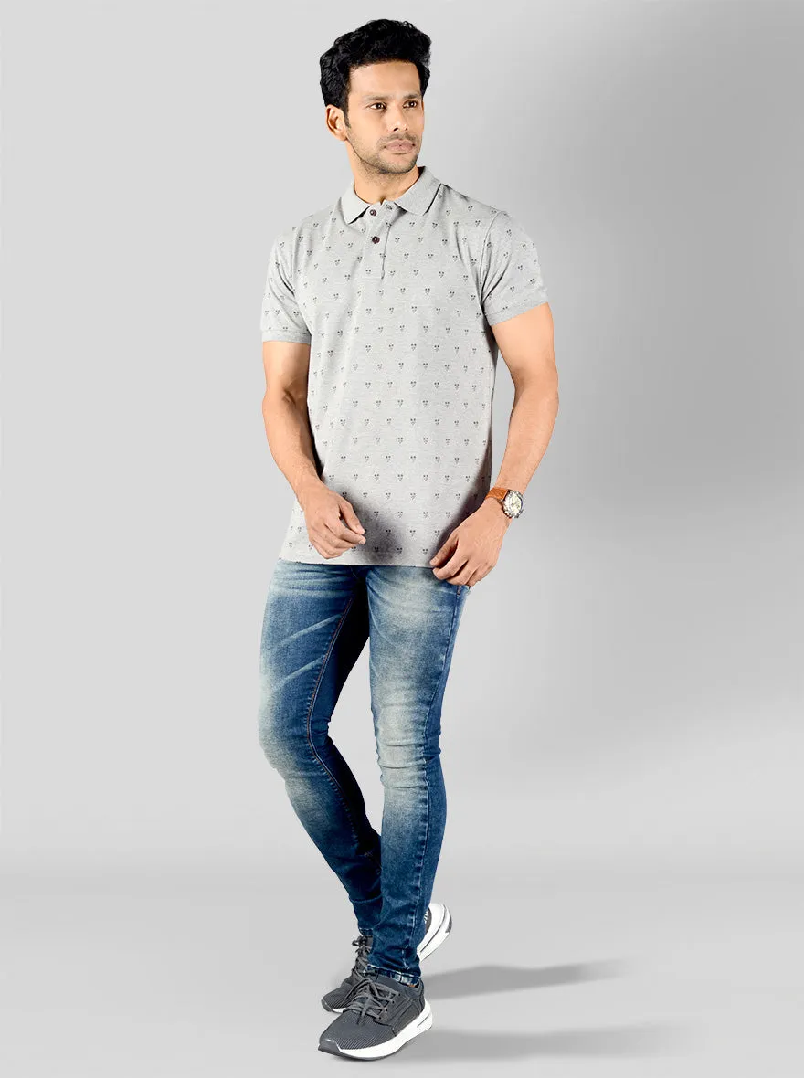 Frost Grey Printed Slim Fit Polo T-shirt | Greenfibre