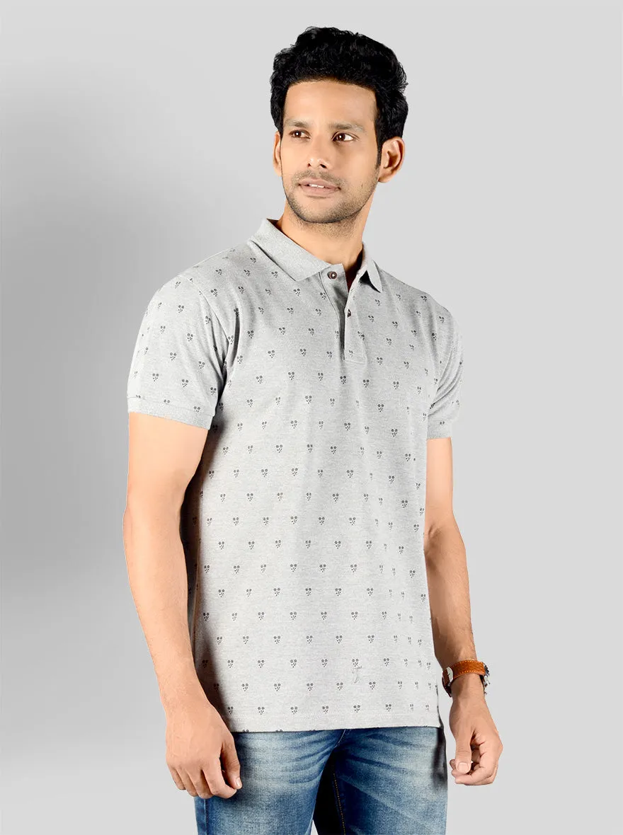 Frost Grey Printed Slim Fit Polo T-shirt | Greenfibre