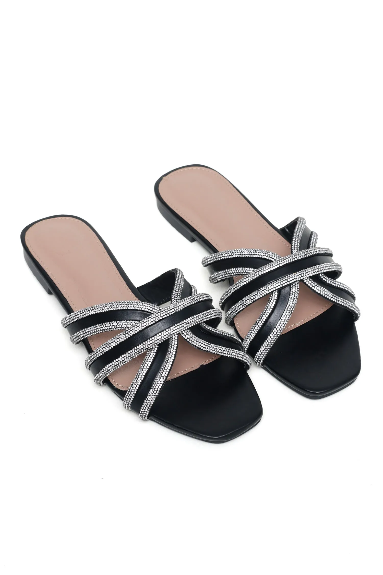 GLAM CRYSTAL EMBELLISHED SLIDES-BLACK