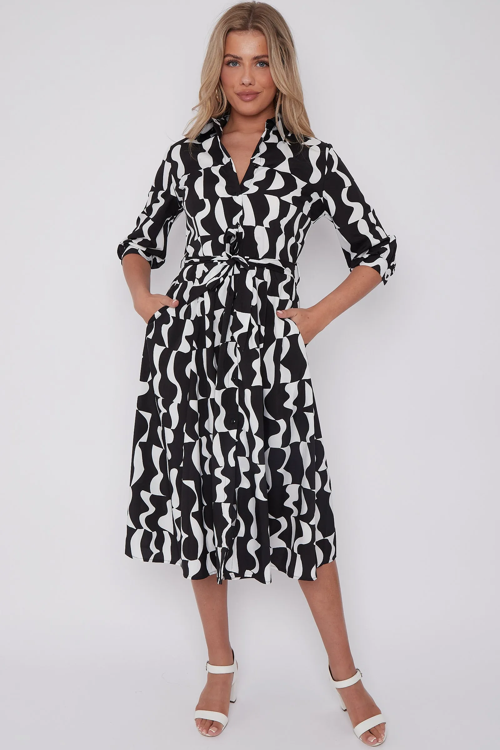 LOVE SUNSHINE Mono Geometric Print Half Sleeve Midi Shirt Dress