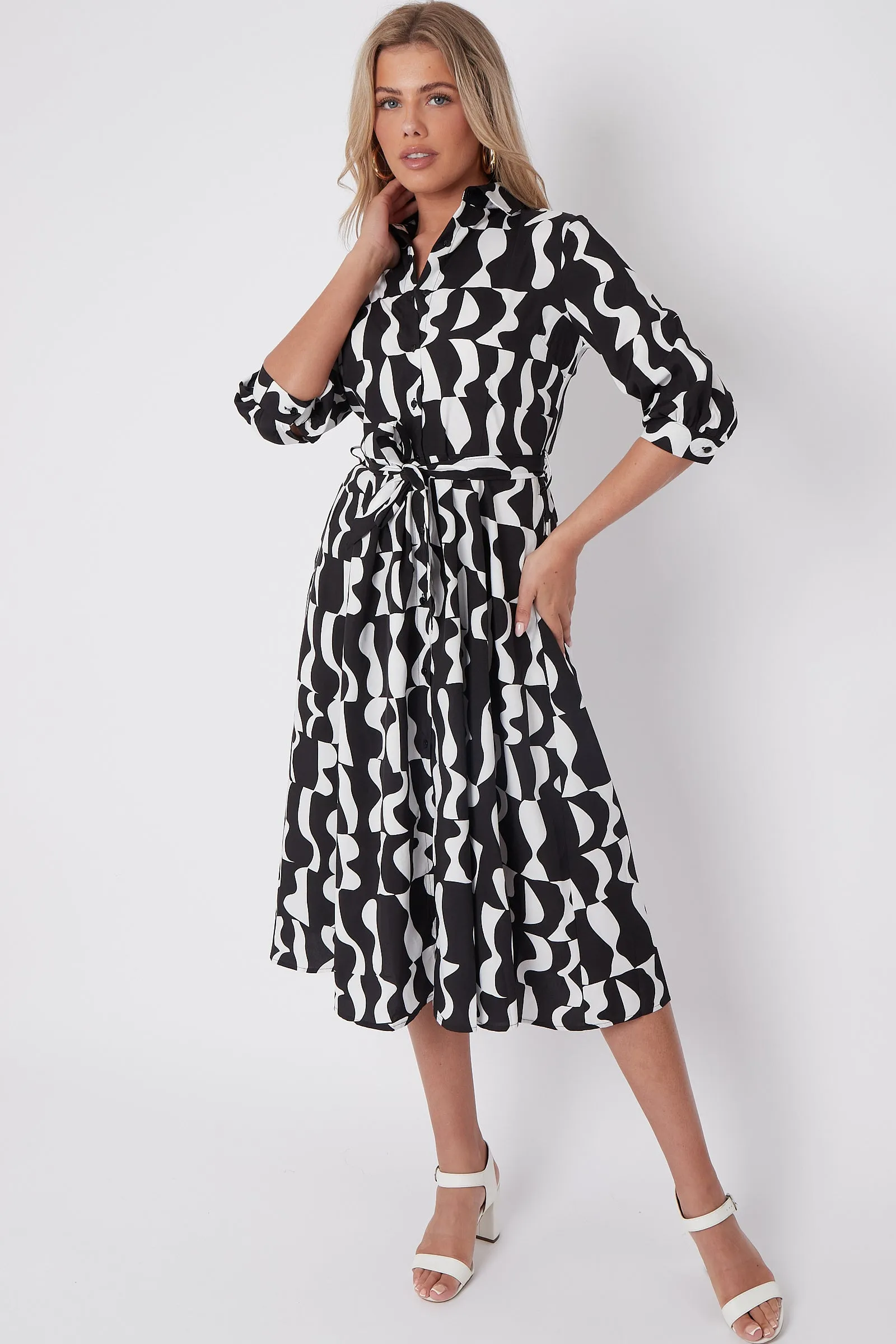 LOVE SUNSHINE Mono Geometric Print Half Sleeve Midi Shirt Dress