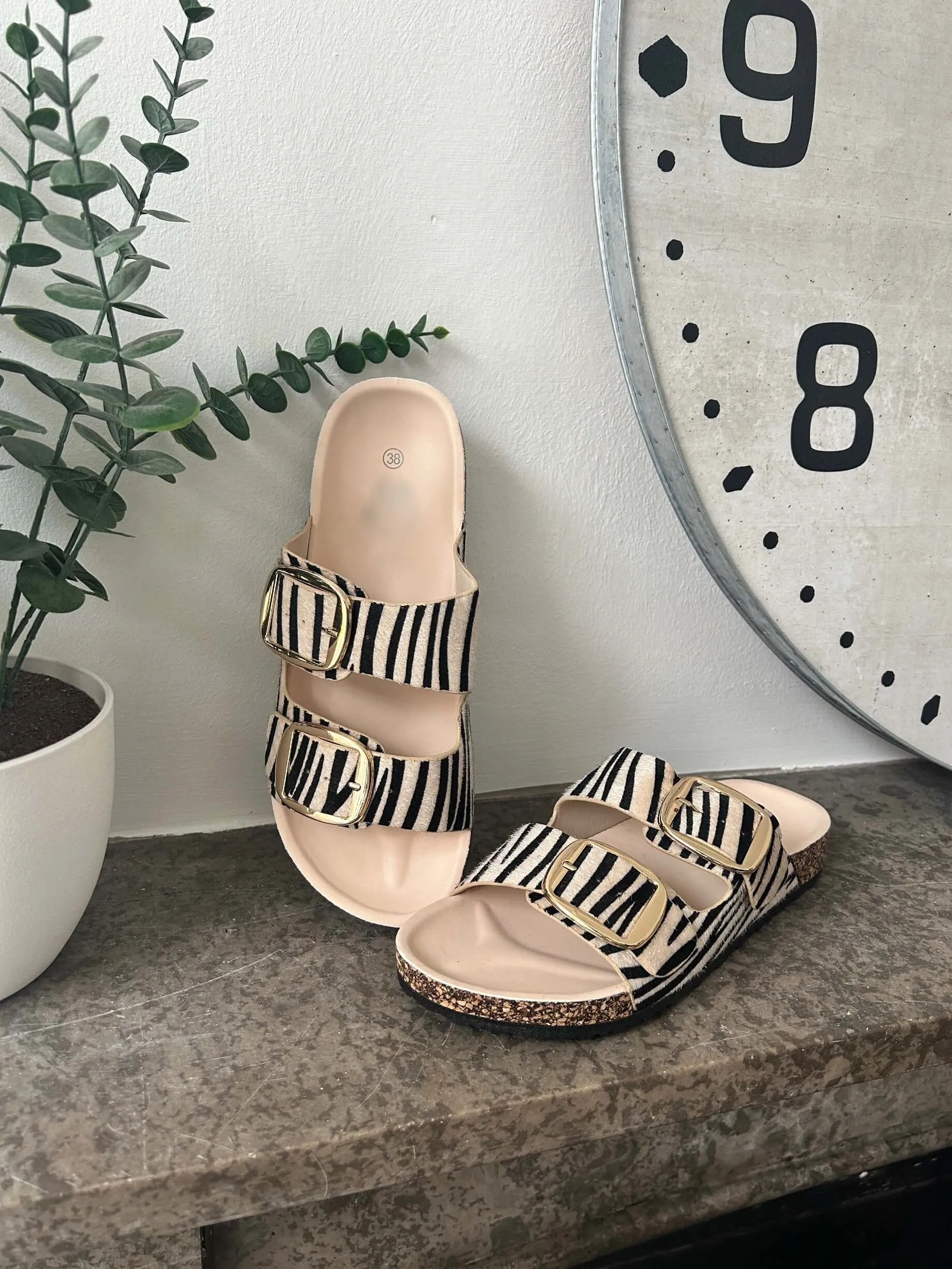 Marti Twin Buckle Zebra Print Slider