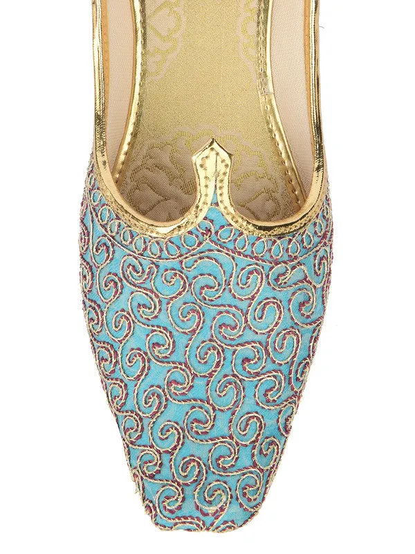 Men's Indian Ethnic Party Wear Blue Embroidered Footwear - Desi Colour