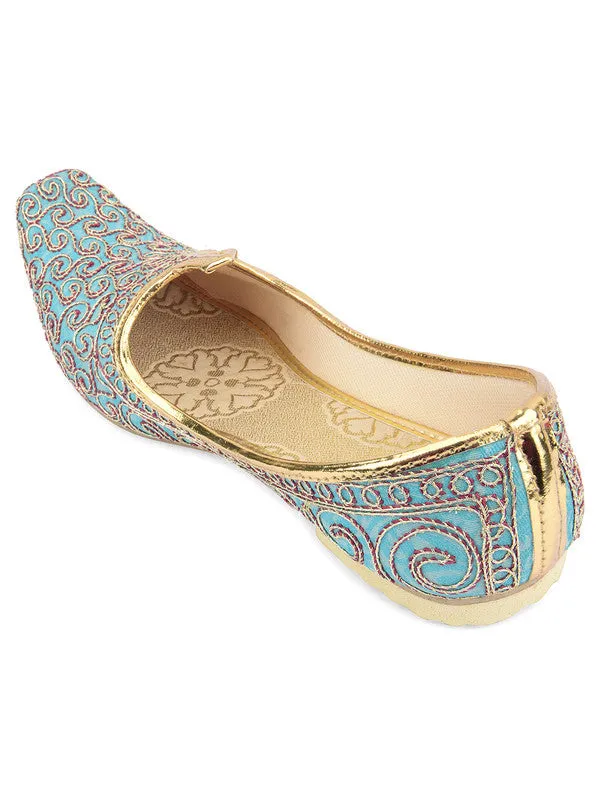 Men's Indian Ethnic Party Wear Blue Embroidered Footwear - Desi Colour