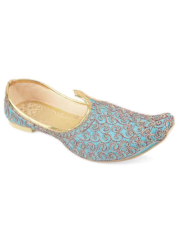 Men's Indian Ethnic Party Wear Blue Embroidered Footwear - Desi Colour