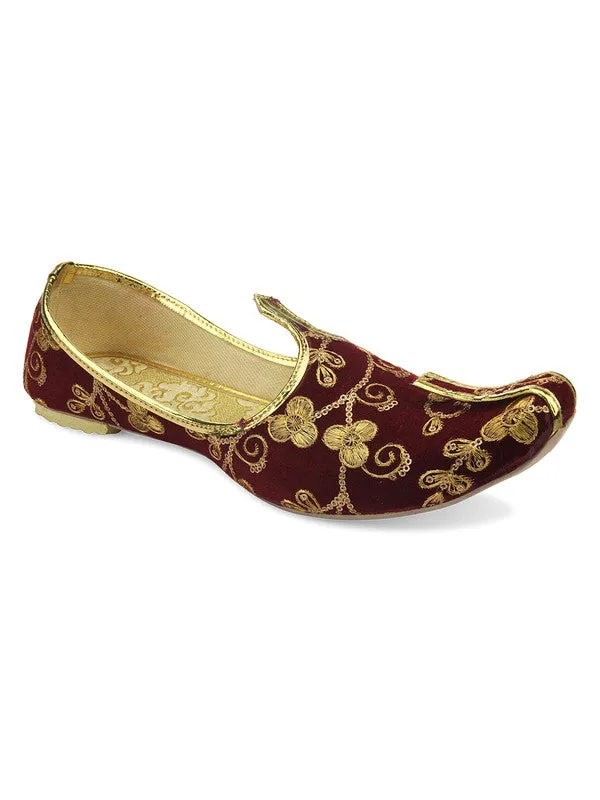 Men's Indian Ethnic Party Wear Maroon Embroidered Footwear - Desi Colour