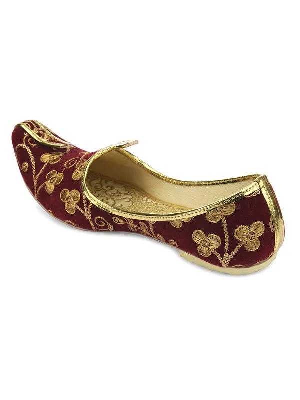 Men's Indian Ethnic Party Wear Maroon Embroidered Footwear - Desi Colour