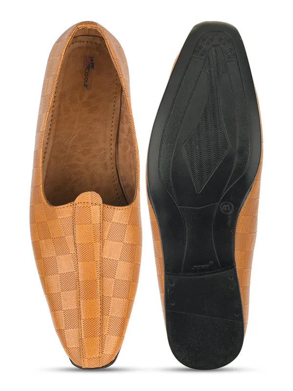 Men's Indian Ethnic Party Wear Textured Tan Heels Footwear - Desi Colour