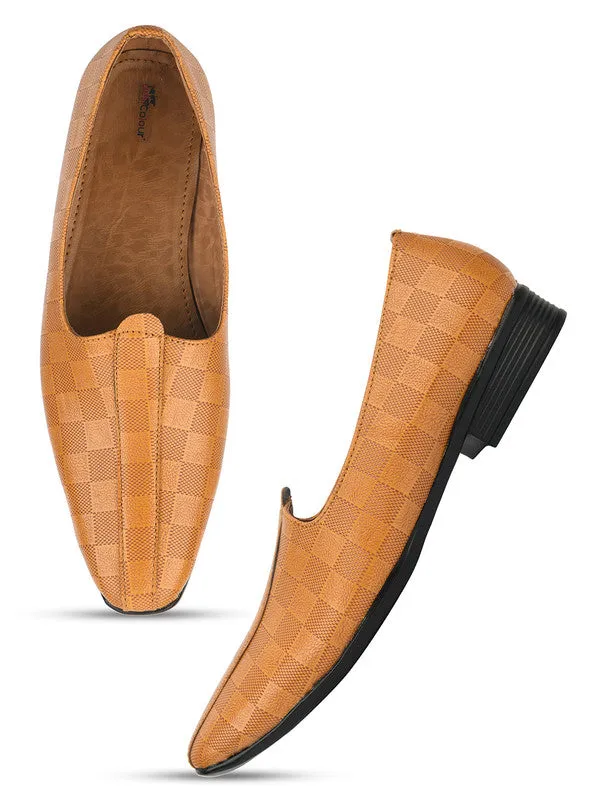 Men's Indian Ethnic Party Wear Textured Tan Heels Footwear - Desi Colour