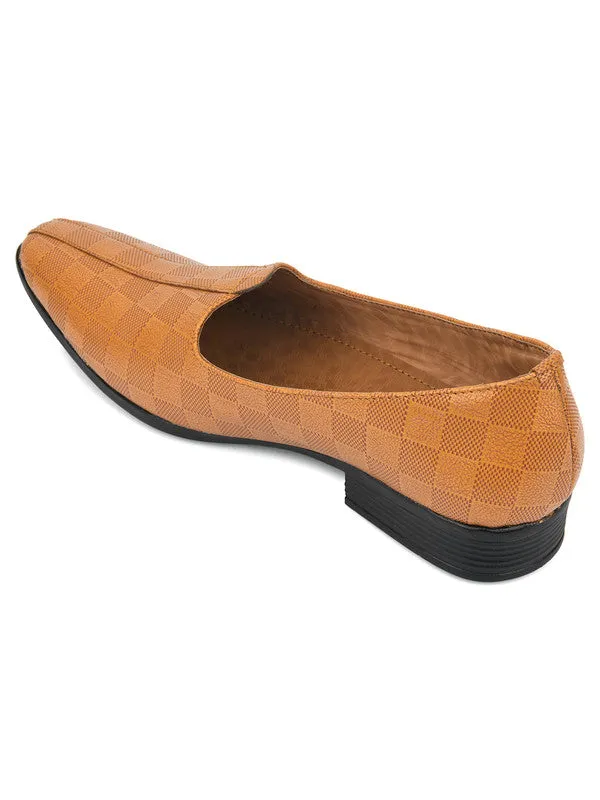 Men's Indian Ethnic Party Wear Textured Tan Heels Footwear - Desi Colour