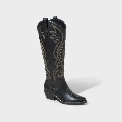 Open Box - Women's Kenzi Tall Western Dress Boots with Memory Foam Insole - Wild Fable Black 6