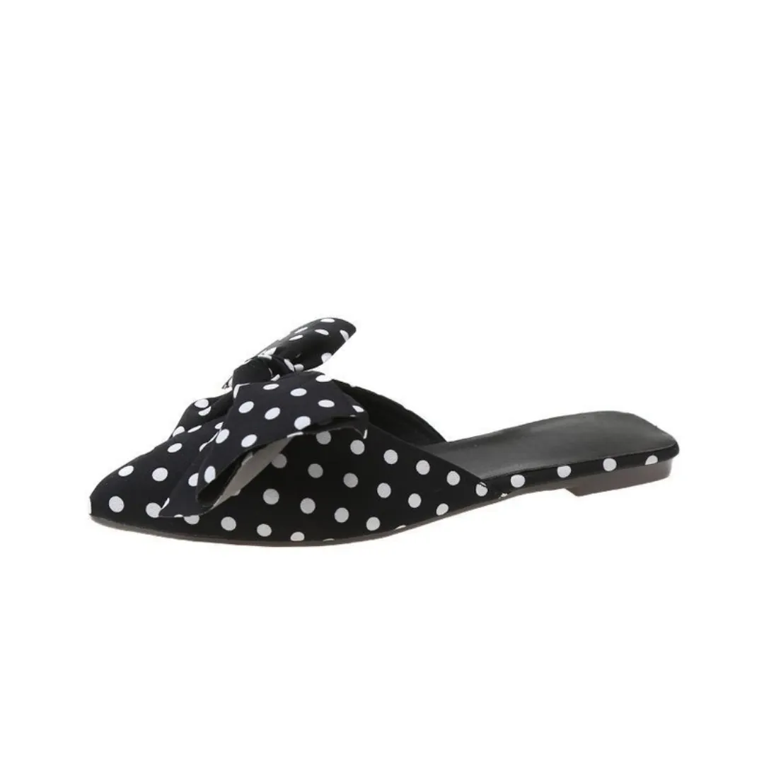 Pre Order:  Polka Dot Bow Flat Pointed Toe Mule Slippers