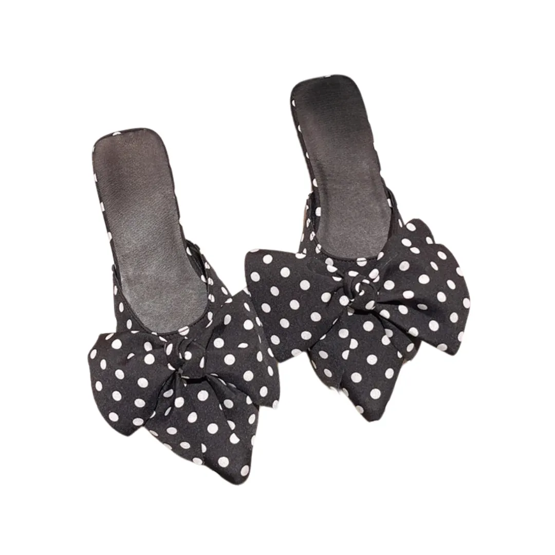 Pre Order:  Polka Dot Bow Flat Pointed Toe Mule Slippers