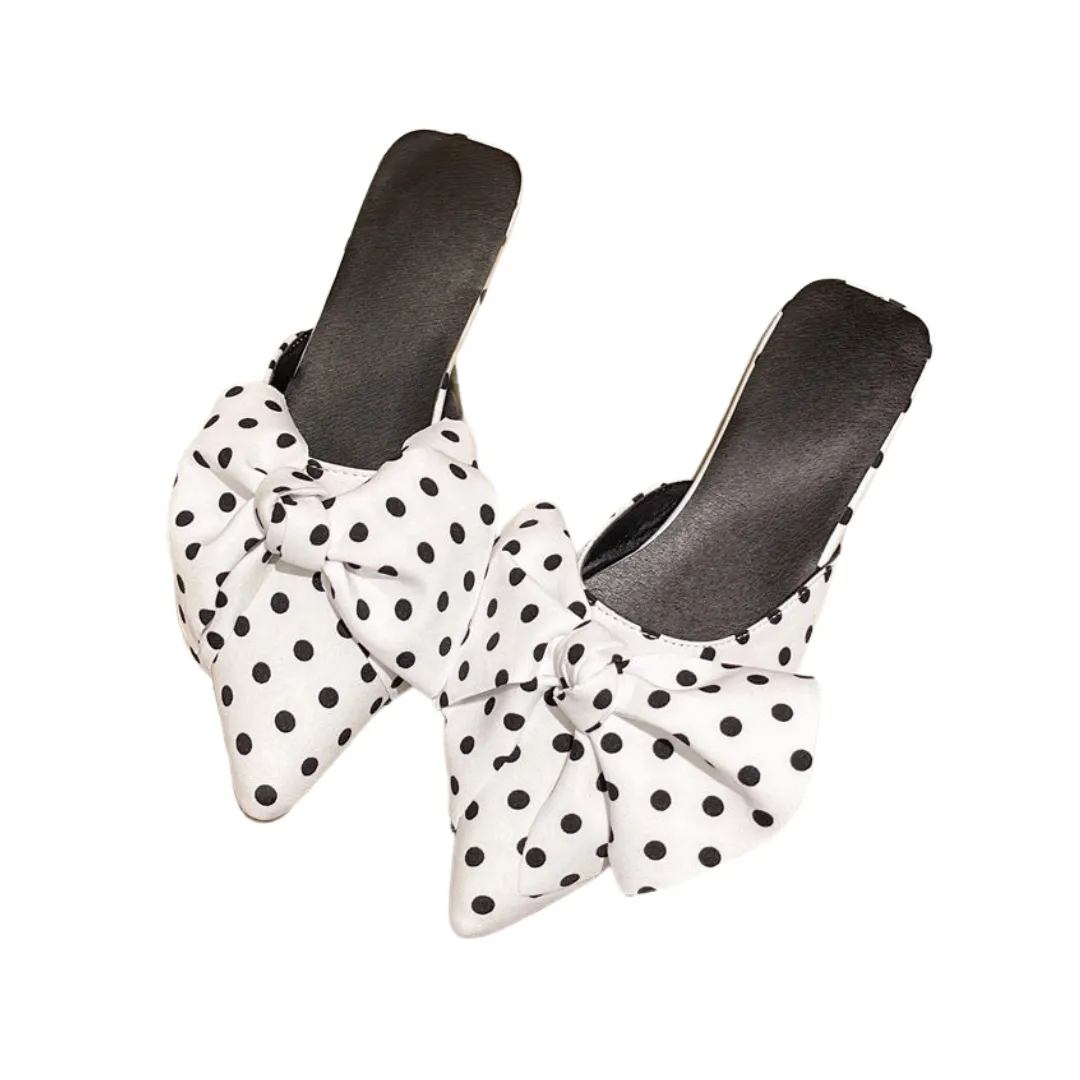 Pre Order:  Polka Dot Bow Flat Pointed Toe Mule Slippers