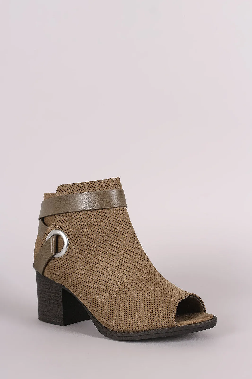 Qupid Perforated Strappy Block Heeled Ankle Boots