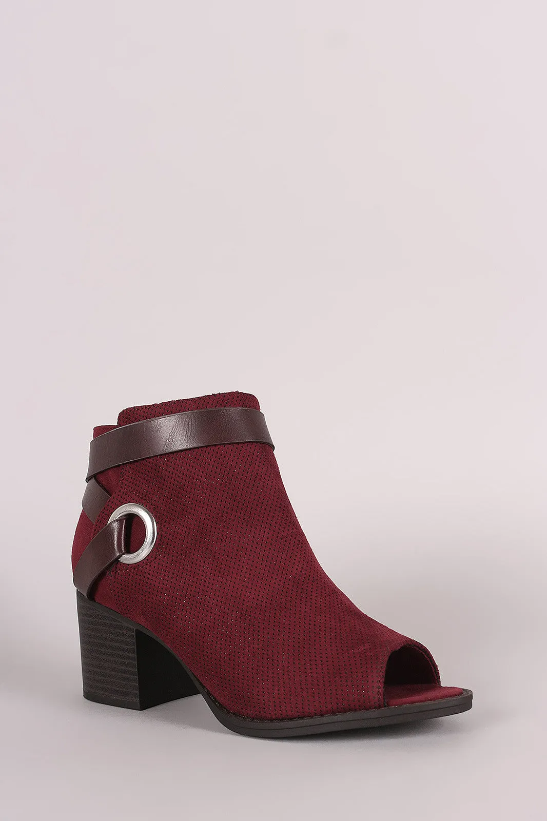 Qupid Perforated Strappy Block Heeled Ankle Boots