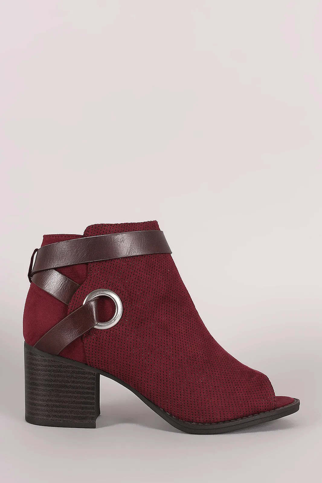 Qupid Perforated Strappy Block Heeled Ankle Boots