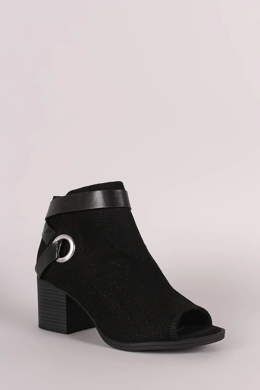 Qupid Perforated Strappy Block Heeled Ankle Boots