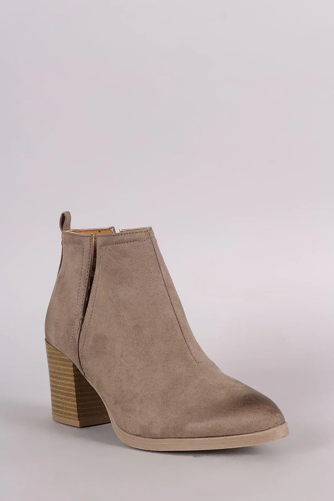 Qupid Suede Side Slit Pointy Toe Chunky Heeled Booties