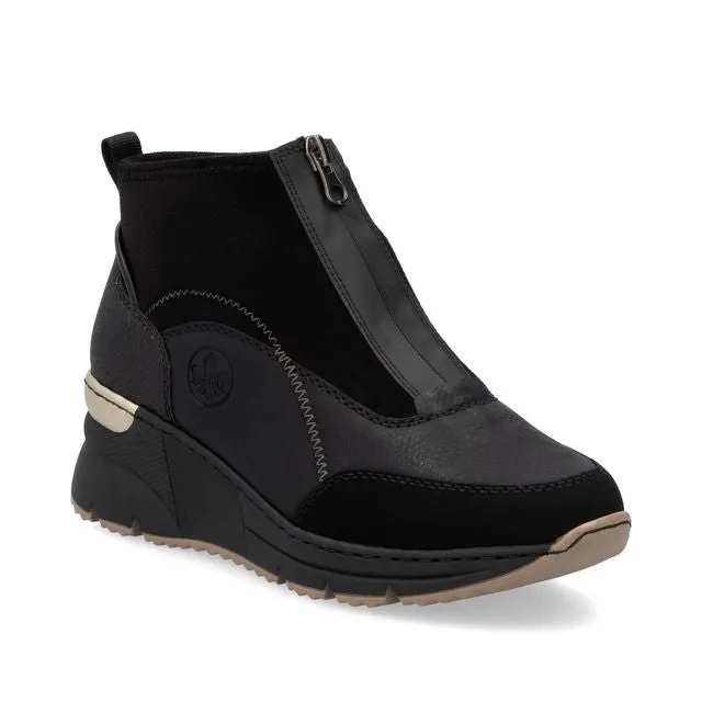 Rieker N6361-00 Morokko Black Zip Front Wedge Ankle Trainer Boots