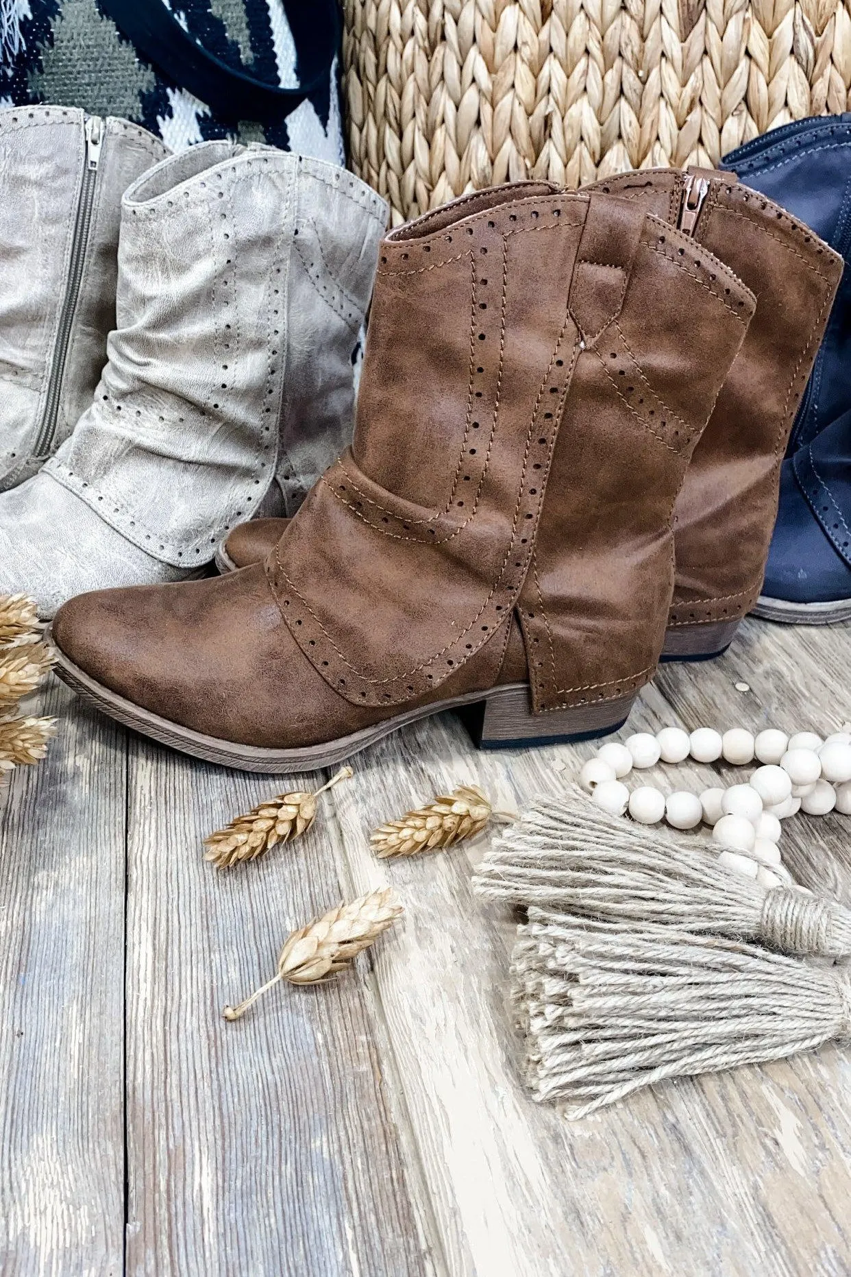 Saddle Up- {Cream, Gray & Brown} Short Western Booties