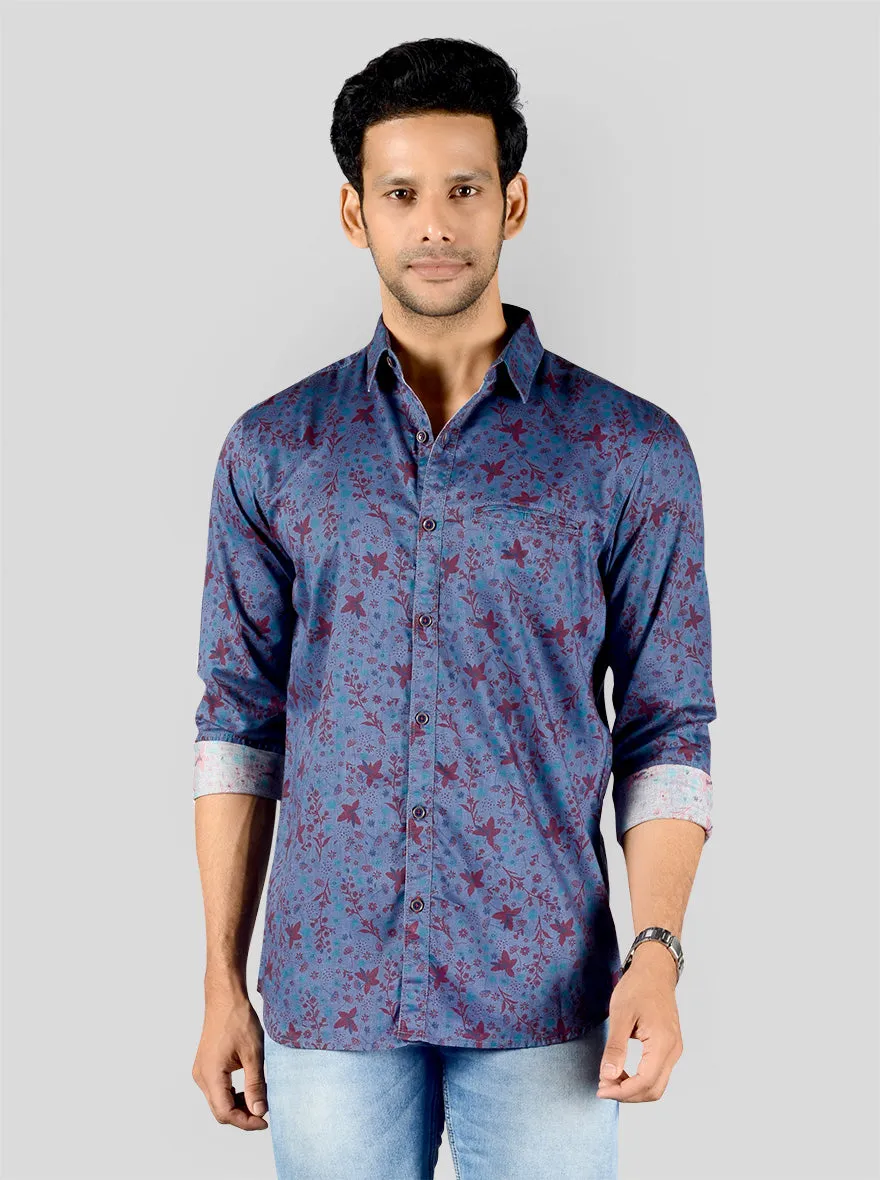 Teal Blue Printed Slim Fit Casual Shirt | JadeBlue