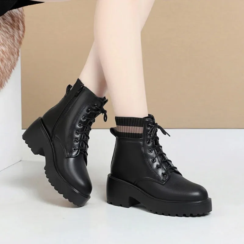 Warm Winter Genuine Leather Lace-up High Heel Ankle Boots