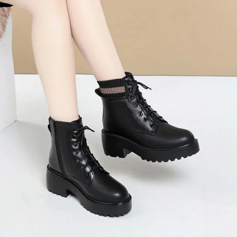 Warm Winter Genuine Leather Lace-up High Heel Ankle Boots