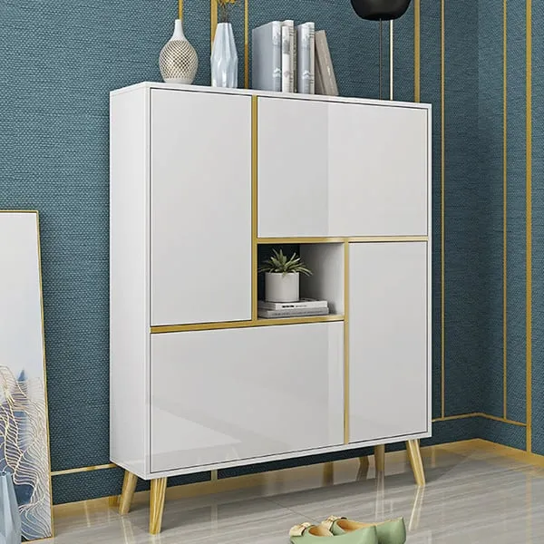 White Modern Shoe Storage Cabinet 17-Pair 2 Doors with Shelves & Pull-Down Drawers