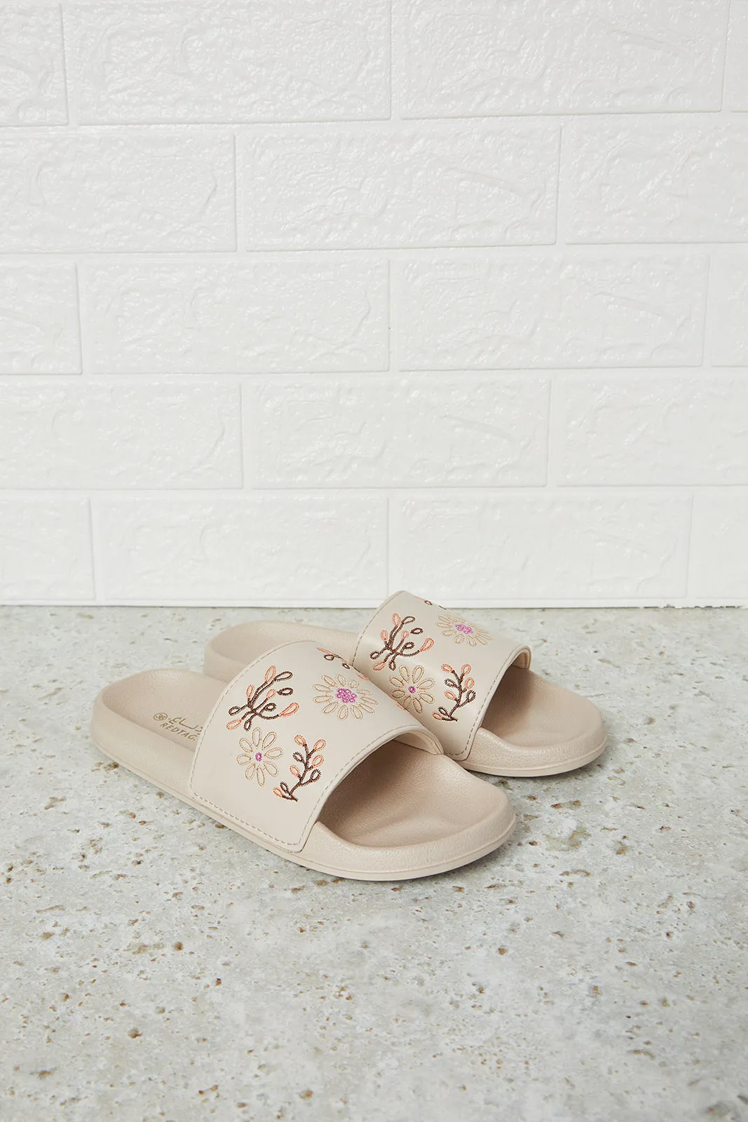 Women Beige Embroidered Slide